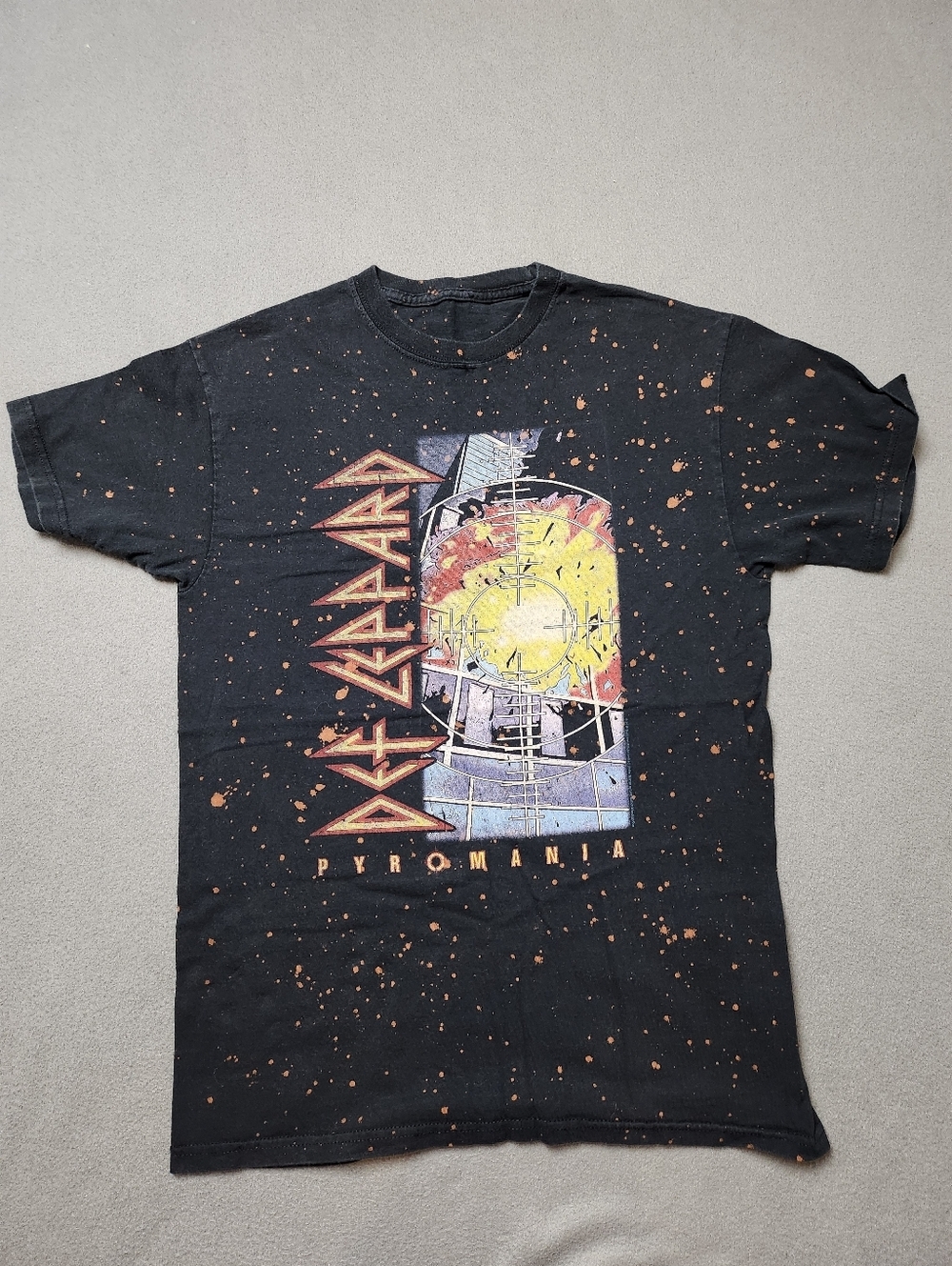 Def Leppard Pyromania Black Band Tee with Orange Splatter